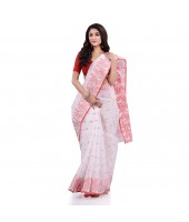 DESH BIDESH Women`s Traditional Pure Handloom Cotton Saree Flower Floral Woven Designer Without Blouse Piece(White)